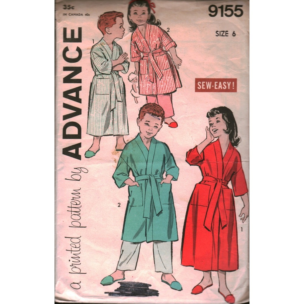Vintage Advance 9155 Sewing Pattern Kids Kimono Robe Sz 6 Boys Girls Mid-Century